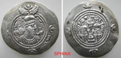 Ancient Coins - 455EG5Y) SASANIAN KINGS. Husrav (Khosrau) II. AD 591-628. AR Drachm (32.5 mm, 3.98 g). ŠY (Shirajān) mint. Dated RY 16 (AD 607). Crowned bust right; ’pd in Pahlavi in outer margin