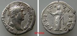 Ancient Coins - 4LK6Z) Hadrian. AD 117-138. AR Denarius (18 mm, 3.08 g, 6h). Rome mint. Struck AD 133-circa 135. Bare head right / Felicitas standing left, holding caduceus and branch. VF