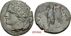 Ancient Coins - 31LF5X) SICILY, Syracuse. Hiketas II. 287–278 BC. AE Litra (22.5mm, 9.03 g, 3h). Struck circa 282–278 BC. Obv: Laureate head of Zeus Hellanios left. Rev: Eagle standing left on thu