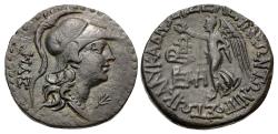 Ancient Coins - 190LF5X) CILICIA, Seleukeia. 2nd-1st centuries BC. AE (22.5mm, 7.49 g, 12h). Helmeted and draped bust of Athena right; ΣYM to left / Nike advancing left, holding wreath; three mono