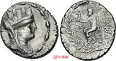 Ancient Coins - 205CLC5X) SELEUKIS and PIERIA, Laodikeia. 78/7-16/5 BC. AR Tetradrachm (28mm, 14.75 g, 1h). Dated CY 17 (65/4 BC). Veiled, draped, and turreted bust of Tyche right / Zeus Nikephoro