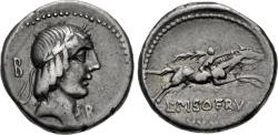Ancient Coins - 545CLC5X) L. Calpurnius Piso Frugi. 90 BC. AR Denarius (16.5mm, 3.91 g, 3h). Rome mint. Laureate head of Apollo right; B to left, B to right / Horseman, holding palm frond and rein