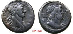 Ancient Coins - 570GF3Z) EGYPT, Alexandria. Hadrian. AD 117-138. BI Tetradrachm (23 mm, 13.52 g). Dated RY 3 (AD 118/119). Laureate bust right, slight drapery / Diademed bust of Zeus right, VF