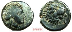 Ancient Coins - 192MG2Z) Troas, Antandros. Circa 350–340 BC. AE (12.5 mm, 1.67 g, 12h).  Obverse: Laureate head of Apollo facing right.  Reverse: Head of a lion three-quarters right; grape bunch b