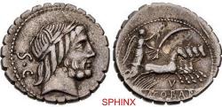 Ancient Coins - 85CFF22P) Q. Antonius Balbus. 83-82 BC. AR Serrate Denarius (19mm, 3.95 g, 4h). Laureate head of Jupiter right; S.C behind / Victory in quadriga right; F below horses, Q ANTO BALB/