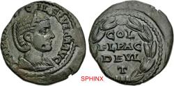 Ancient Coins - 376LR6X) THRACE, Deultum. Otacilia Severa. Augusta, AD 244-249. Æ Tetrassarion (22mm, 6.69 g, 6h). Draped bust right, wearing stephane / COL FL PAC DEVL T in four lines; all within