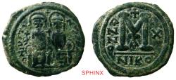Ancient Coins - 56FG6Z) Justin II, with Sophia. 565-578. AE Follis (30.5 mm, 13.76 g, 6h). Nicomedia mint, 1st officina. Dated RY 10 (574/5). Justin and Sophia seated facing on double throne, hold