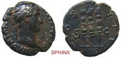 Ancient Coins - 715GR4KM) Hadrian. AD 117-138. AE Quadrans (16.5 mm, 2.63 g, 6h). Rome mint. Struck circa AD 128-132. Laueate bust right, slight drapery / Three signa. RIC II 977 var. VF