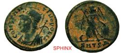Ancient Coins - 16CK2Z) Roman Imperial, Constantinopolis City Commemorative, Thessalonica mint (2.48 grms, 19 mm), Obverse: CONSTAN-TINOPOLIS, Helmeted and mantled bust of Constantinople left, hol