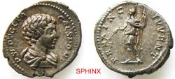 Ancient Coins - 111GG4K) R. Imperial, Geta, as Caesar, AR Denarius. 3.31 Grms, 18.5 mm, Struck 201 AD. Obverse: P SEPT GETA CAES PONT, Draped bust right. Reverse: PRINC IVVENT, Geta standing left