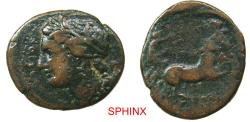 Ancient Coins - 712GR4W) SICILY, Syracuse. Hiketas II. 287-278 BC. AE (17 X 21 mm, 4.97 g). Struck circa 287-283 BC. Wreathed head of Kore left; [symbol behind neck] / Nike driving galloping biga