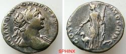 Ancient Coins - 597FR6Z) Trajan. AD 98-117. AR Denarius (18 mm, 3.32 g, 8h). Rome mint. Struck circa AD 110. Laureate bust right, slight drapery on far shoulder / Arabia standing left, holding bra