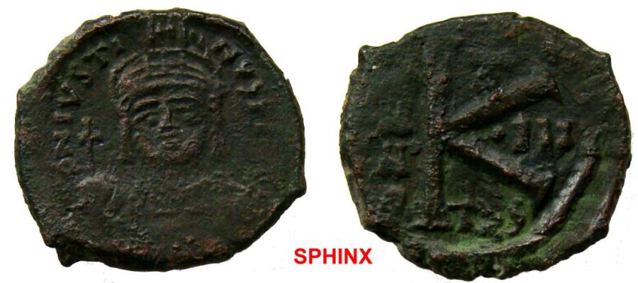 557gg18 Justin Ii 565 578 Ae Half Follis 21 Mm 6 19 G Thessalonica Mint Dated Ry 3 Ad 567 8 Helmeted And Cuirassed Facing Bust Holding Globus Cruciger And Shield