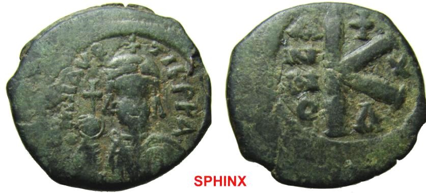 301rr1 Maurice Tiberius 5 602 Ae Half Follis 24mm 5 47 G 7h Constantinople Mint 4th Officina Dated Ry 10 591 2 Diademed Helmeted And Cuirassed Facing Bust Holding