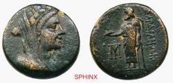 Ancient Coins - 731BM4V) Ancient Greek, Sardes, Lydia, 133 BC-14 AD, AE20, 8.57 Grms 19 mm, Obverse: Veiled and turreted bust of Tyche right. Reverse: ΣΑΡΔΙΑΝΩΝ, Zeus Lydios standing left, holding