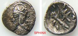 Ancient Coins - 916EK4V) KINGS of PERSIS. Dārēv (Darios) II. 1st century BC. AR Obol (7 mm, 0.57 g). Bearded bust left, wearing diadem and tiara / Dārēv standing right, holding scepter and sacrifi