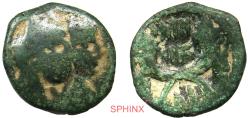 Ancient Coins - 765CC3Z) NABATAEA. Malichos II, with Shuqailat II. AD 40-70. AE (14 mm, 3.31 g). Petra mint. Jugate draped busts right of Aretas, laureate, and Shuqailat, wearing Isis crown; [lett