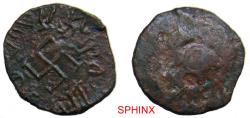 Ancient Coins - 171CR3Z) INDO-SKYTHIANS, Paratarajas. Spajhayam. 1st century AD. AE Drachm (15 mm, 1.76 g). Crowned and draped bust left (very faint) / Swastika. Senior S47.1D (284.1D). OBV Fair/