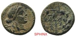 Ancient Coins - 566RG4X) ANCIENT GREEK. Asia Minor. Lydia, Sardes, AE 14mm, 3.18 grms, Laureate head of Apollo right / Club in wreath. SNG von Aulock 8254. Near VF.