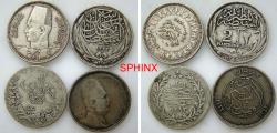 World Coins - 290CC5R) Egypt, British occupation & Ottoman, Group of 4 coins 2 piasters AR silver : Each coin weights 2.8 grms 0.833 silver content; 1 Farouk, One Fu'ad, one Sultan Hussein and o