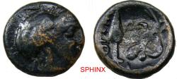 Ancient Coins - 667RH22P) Ancient Greek, AE 3.81 grms, 16 mm; Obverse: Crested head of Athena right. Reverse: Incuse, spear or arrowhead next to unknown design. Reference:----