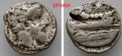 Ancient Coins - 938FC4W) PHOENICIA, Arados. Uncertain king. Circa 380-351/0 BC. AR Third Stater – Tetrobol (16 mm, 3.48 g, 6h). Laureate head of Ba‘al–Arwad right / Galley right above waves. VF