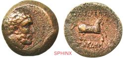 160RK5U) BAKTRIA, Greco-Baktrian Kingdom. Euthydemos I Theos Megas. Circa 225-200/195 BC. AE Dichalkon (21mm, 6.30 g, 3h). Aï Khanoum mint. Struck circa 225-208/6 BC. Head of beard