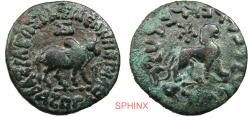 Ancient Coins - 287EH22P) INDO-SKYTHIANS. Azes. Circa 58-12 BC. AE (28.5 mm, 13.85 g). Bull standing right; monogram above, Shi to lower right / Lion standing right; monogram above. Senior 102.11;