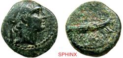 Ancient Coins - 906RC5) SPHINX RESUMES SHIPPING TO THE UNITED STATES... Ancient Greek, Phoenicia region, AE (5.68 grms, 20 mm) probably Arados. Obv. Male portrait right; Rev. galley;