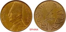World Coins - 1955HH3Y) EGYPT: Fuad I, as King, 1922-1936, AE ½ millieme, 1932/AH1351, KM-343, red and brown (nearly full red), two-year type, Choice Unc.