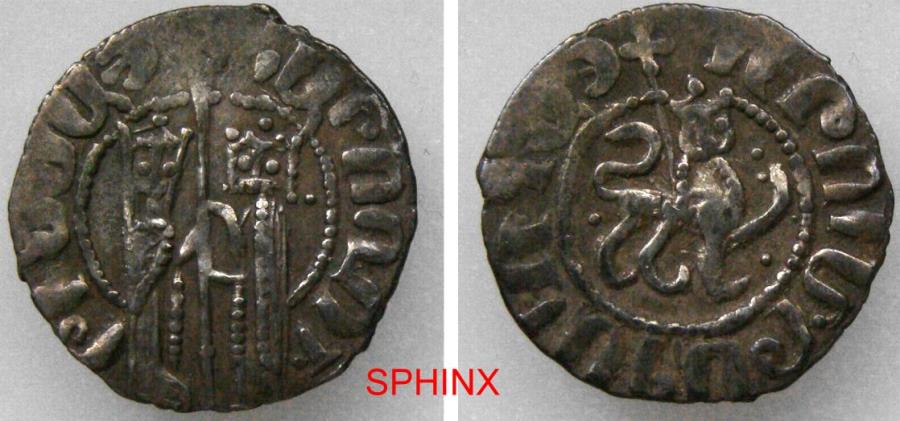 World Coins - 72FR2Z) ARMENIA, Cilician Armenia. Royal. Hetoum I. 1226-1270. AR Tram (21 mm, 2.98 g). Queen Zabel and King Hetoum standing facing, holding long cross between them / Crowned lion
