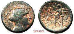 Ancient Coins - 344RC22P) PHOENICIA, Marathos. 175/4-170/69 BC. AE 22mm (9.49 g). Dated CY 96 (164/3 BC). Veiled and draped bust of Berenike right / Marathos standing left, leaning against column,
