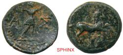 Ancient Coins - 862CG4V) GREEK, Pseudo Autonomous, Aspendos, Pamphylia, circa 200-0 BC, AE 3.27 Grms, 17 mm, Obverse: Horse galloping right. Reverse: A-Σ, slinger standing right, throwing bullet.