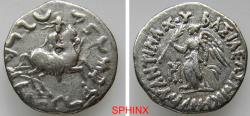 Ancient Coins - 758MC5W) BAKTRIA, Greco-Baktrian Kingdom. Antimachos II Nikephoros. Circa 160-155 BC. AR Drachm (17 mm, 2.27 g). Nike standing left, holding wreath and fillet; monogram to left / A
