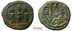 World Coins - 352HC6Z) Pre-reform issues, Arab-Byzantine. Imperial Image coinage. CU Fals (23 mm, 4.09 g). Three Standing Figures type (Type III). Tabariyya (Tiberias) mint.
