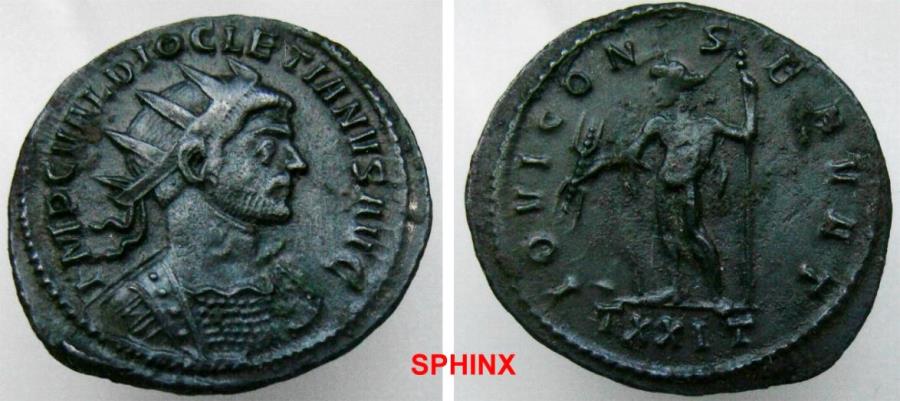 Ancient Coins - 39RR21) Diocletian. AD 284-305. Antoninianus (23.5 mm, 3.8 g). Ticinum mint, 3rd officina. Struck AD 285. Radiate and cuirassed bust right / Jupiter standing left, aVF