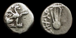 Ancient Coins - Ionia, Teos, 320-294 BC. AR Diobol. Gryphon / Lyre. Dioches, magistrate. SNG Kayhan 612v