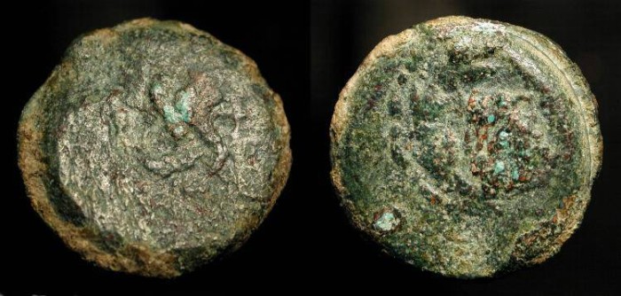 Ancient Coins -  Mattathias Antigonus 40-37 BC. AE 18. H 1163. Retrograde !