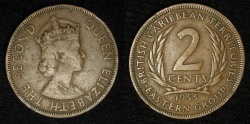 World Coins - British Caribbean Territories Eastern Group 2 Cents large. 1955
