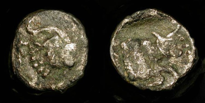 Ancient Coins - Samaria,  375-333 BC. AR Obol. Mythological Creature / Charging Bull. M&Q 159