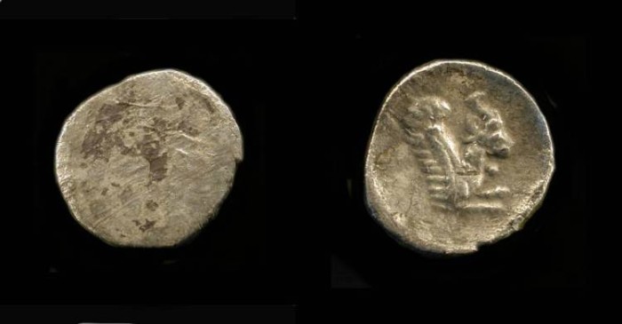 Ancient Coins -  Yehud, 333-302 BC, AR  1/4 Ma`ah (1/4 Obol). H 1068. Extremely Rare. (See note)