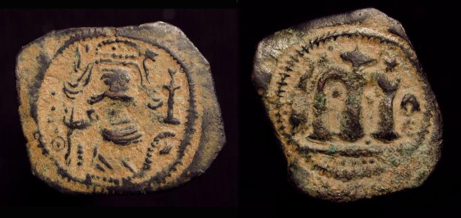 World Coins - Arab Byzantine. Pseudo-Damascus. AE Fals. Emperor with long hair and large moustache  / Large M