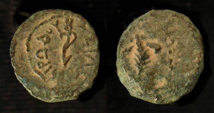 Ancient Coins -  Herod the Great 37 - 4 BC. AE Prutot. H 1172 v. Rare variation. No date or monogram !
