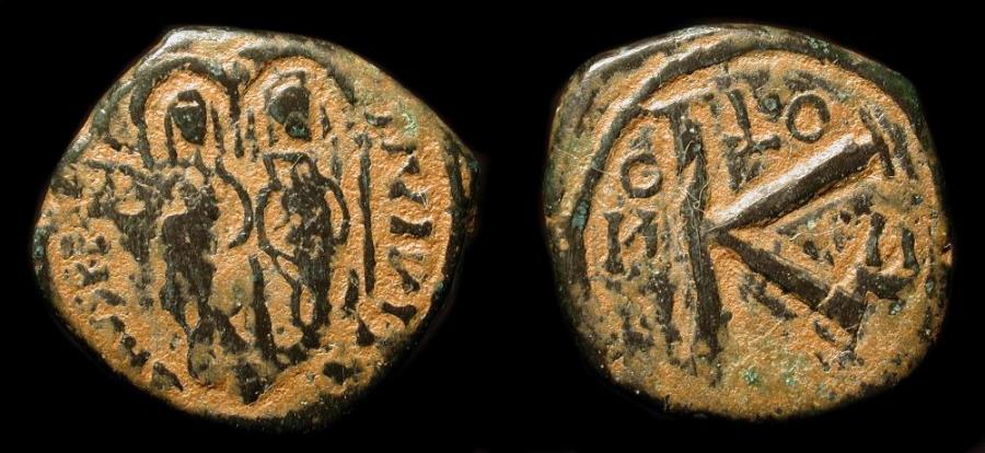 World Coins - Arab Byzantine. "Justin and Sophia" type.  Early Caliphate. K reverse. Unpublished