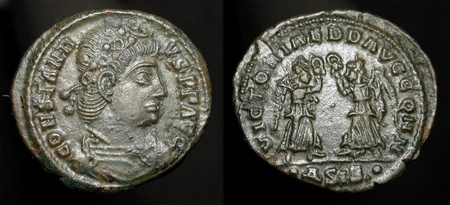 Ancient Coins - CONSTANTIUS II, 337-361 AD. AE FOLLIS. TWO VICTORIES. SISCIA MINT