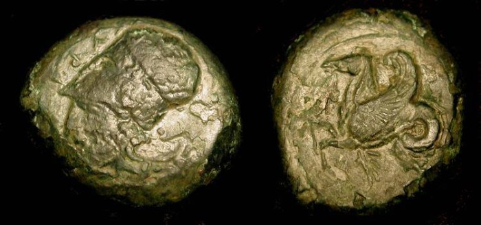 Ancient Coins - Sicily, Syracuse. 4th Century BC. AE Trias.  Hippocamp