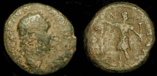 Ancient Coins - Domitian 81-96 AD. AE 20mm. Caesarea Maritima. Rarest of the local Judea Capta coins. H-753