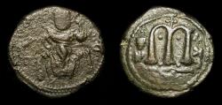 World Coins - Arab Byzantine. Pseudo-Damascus. AE Fals. Emperor enthroned / Large M. Goodwin 36 ; Album 3511A 