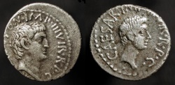 Ancient Coins - Marc Antony and Octavian. 40-39 BC. AR Denarius. Traveling Military Mint.  RSC 1