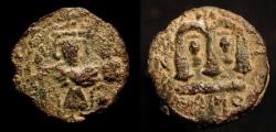 Ancient Coins - Arab Byzantine. Pseudo-Damascus. AE Fals. Emperor standing / Facing heads between uprights of "M"